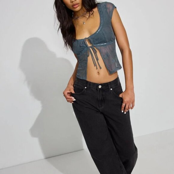 NWT Muted Blue Teal Tied Sheer Embroidery Detail Top - Picture 3 of 4